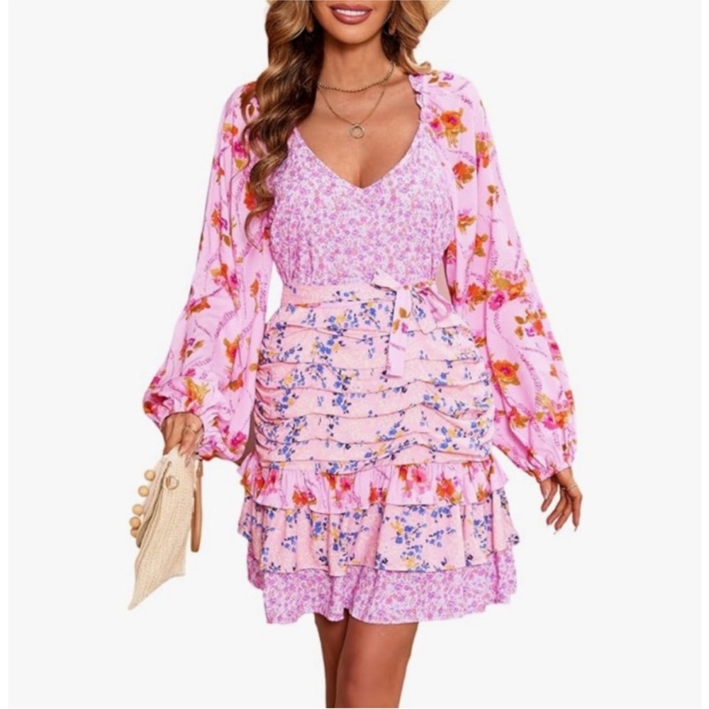Pink and Purple Ruffled Tiered Sundress with Bishop Sleeves